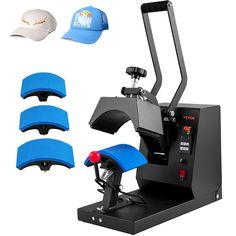 three hats and one machine with four different colors on the front, two in the back