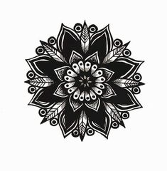 a black and white drawing of a flower on a white background with an intricate design