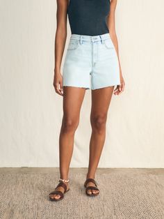 Organic Cotton Denim Short - Cloudbreak Wash Summer Mid-rise Jean Shorts With Frayed Hem, Summer Cutoff Jean Shorts In Medium Wash, High Rise Cotton Bermuda Shorts For Summer, Summer Shorts With Frayed Hem And Relaxed Fit, Mid-rise Cotton Bermuda Shorts For Summer, Summer Mid-rise Cotton Bermuda Shorts, Summer Washed Blue Cotton Jean Shorts, Washed Blue Cotton Jean Shorts For Summer, Summer Jeans With Frayed Hem And Short Cut