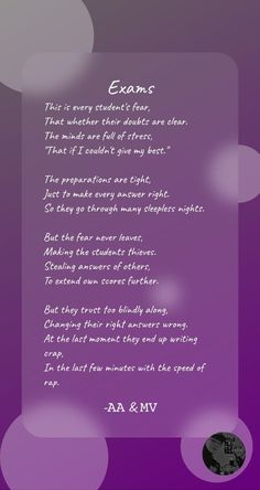 an image of a poem written in purple and white with circles on the back ground