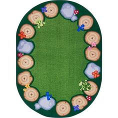 a green rug with several bears on it