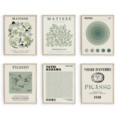 six posters with different types of plants and flowers on the same page, each one in green