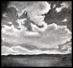 a black and white drawing of clouds over the ocean