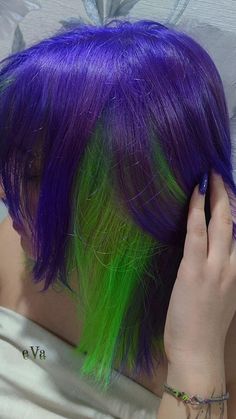 haircolor, haircut Alternative Dyed Hair Ideas, Neon Green Hair Ideas, Purple Green Hair Color, Neon Hair Dye, Neon Green And Purple Hair, Punk Hair Dye Ideas, Purple And Green Hair Ideas