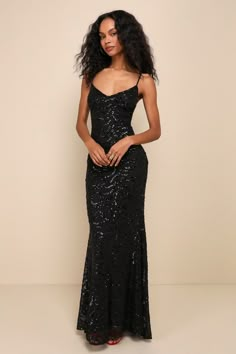 Captivate the crowd with the way you move in the Lulus Mesmerizing Demeanor Black Sequin Backless Mermaid Maxi Dress! Sparkling black sequins create an intricate, wavy design across stretchy mesh knit as it falls from adjustable spaghetti straps into a flattering V-neckline and a fitted bodice. The figure-skimming silhouette continues into a mermaid maxi skirt that features an elegant train at back. The deep V-back creates a sultry final finish! Hidden back zipper/clasp. Fit: This garment fits t Mermaid Maxi Skirt, Mermaid Maxi Dress, Prom Dress Inspo, Wavy Design, Cute Prom Dresses, Pretty Prom Dresses