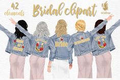 three women wearing denim jackets with the words bridal elephant on them and one woman in white