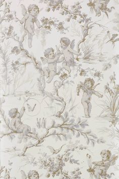 an artistic wallpaper with cherubs, flowers and vines on white grounding