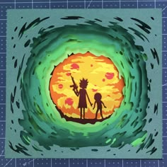 a paper cutout of two people holding hands in front of an orange and yellow sun