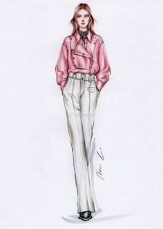 a drawing of a woman in pink shirt and pants