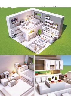 three different views of a kitchen and living room in the same house, with white furniture