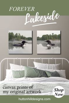 two ducks floating on top of a bed in front of a wall with the words forever lakeside