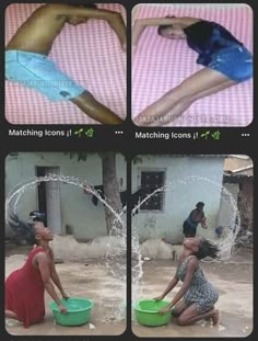 three pictures of people playing in the water with buckets and sprinklers