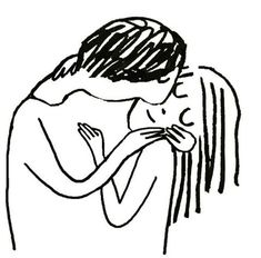 a black and white drawing of a man hugging a woman's head with her hand