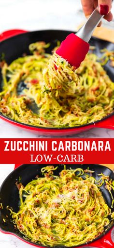 zucchini carbonara in a skillet being stirred with a red spatula