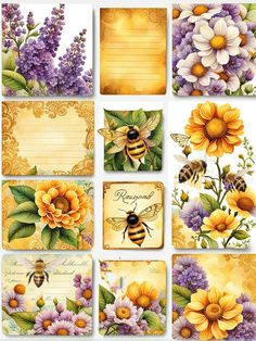 a bunch of cards with flowers and bees on them, all decorated in yellow tones