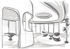 a drawing of a living room with chairs and tables