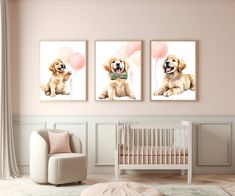 three pictures of dogs with balloons hanging on the wall in a baby's room