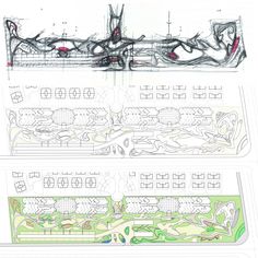 two drawings showing different sections of a building with trees in the center and on the other side