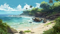 an artist's rendering of a tropical beach with palm trees, rocks and water