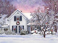 a painting of a white house in the snow