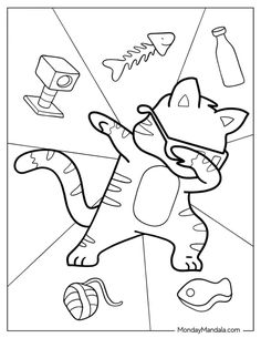 a cartoon cat with many items around it