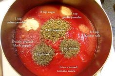 the ingredients for making tomato sauce in a pot