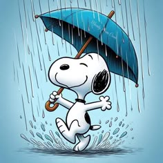 a cartoon snoopy holding an umbrella in the rain with water droplets falling on it