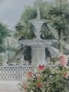 a watercolor painting of a fountain surrounded by trees and flowers