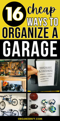 Collage of photos showing different garage storage ideas Garage Arrangement Ideas, One Car Garage Organization, Shelving Ideas Garage, Wall Storage Garage, Small Garage Organization Ideas, Tool Storage Garage, Small Garage Storage, Garage Shelving Ideas, Tool Wall Storage