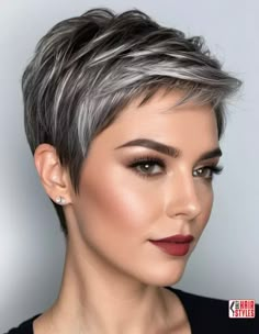 Silver Pixie Undercut Gray Hair, Gray Highlights Pixie Haircut, Short Grey Hair Highlights, Short Dark Hair With Silver Highlights, Grey Highlights Short Hair, Short Grey Pixie Haircut, Pixie Hair Highlights, Pixie Gray Hairstyles, Pixie Cut Highlights