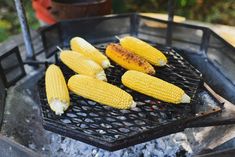 corn on the cob being grilled over an open fire