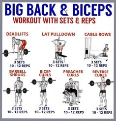 the big back and biceps workout with sets and reps is shown in this poster