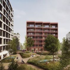 an artist's impression of people walking and sitting on the grass in front of two buildings