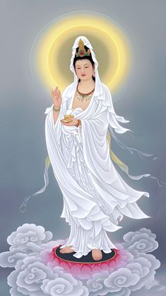 an image of a woman in white dress holding a plate with food on it and surrounded by clouds