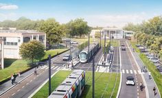 an artist's rendering of a train station with cars and buses on the road