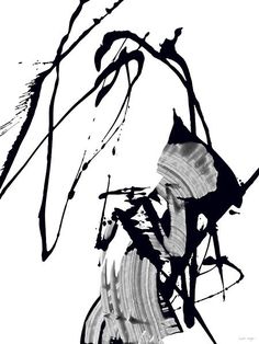 a black and white painting with brush strokes on it's surface, in front of a tree branch