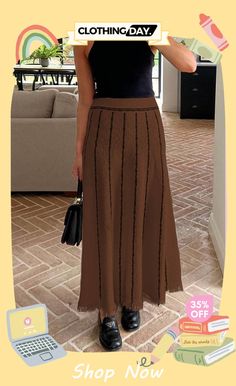 Striped Fringe Hem Knit Skirt Chic Knit Skirt With Lined Detail, Chic Knit Skirt With Lined Skirt, Knit Midi Skirt With Lining, Casual Knitted Skirt For Fall, Knitted Skirt For Fall, Casual Knitted Skirt For Spring, Spring Knit Long Skirt, Chic Long Knit Skirt, Fall Knitted Skirt