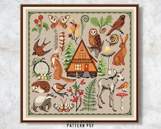 a cross stitch pattern with different animals and birds on it, including an animal house