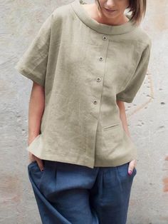 Linen Casual Crew Neck Blouse Collared Tops For Casual Gatherings, Relaxed Fit Solid Top With Buttons, Casual Solid Color Blouse For Vacation, Casual Collared Plain Blouse, Casual Plain Collared Blouse, Solid Button Blouse For Vacation, Vacation Blouse With Buttons, Casual Plain Button-up Blouse, Collared Blouse For Vacation