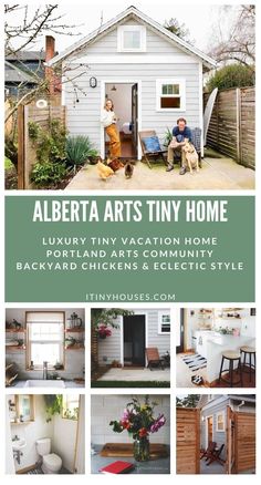 an advertisement for a tiny home with pictures of people in the front yard and back porch