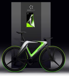 an electric bike with neon green wheels in front of a black box and white background