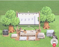 an animated image of a lawn with furniture and trees in the background, including a sign