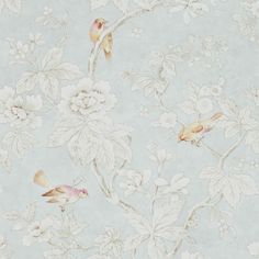 a wallpaper with birds and flowers on the side, in pastel blue tones