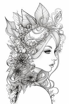 a drawing of a woman's face with flowers and butterflies on her head, in black and white