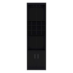 a tall black bookcase with two doors on the front and one door open to reveal shelves