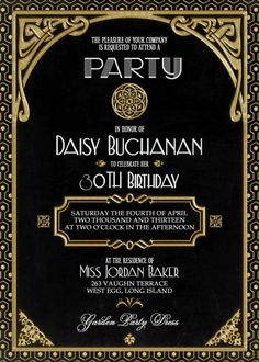 a black and gold birthday party with an ornate frame on the front, in white lettering