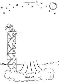 a black and white drawing of a tower with stars in the sky