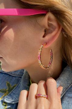 Statement hoop earrings on dreamy shades of pink gemstones made from 14K gold vermeil. Measuring approx 2.5 inches. Floating Diamond Necklace, Gold Link Necklace, Right Hand Ring, Bath And Body Shop, Statement Hoop Earrings, Light Earrings, Right Hand Rings, Hand Ring, Rainbow Earrings