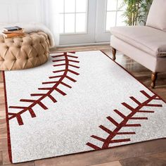 a baseball rug in the middle of a living room