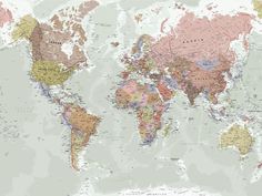 the world map with all countries and their major cities in pink, blue, green, yellow and brown